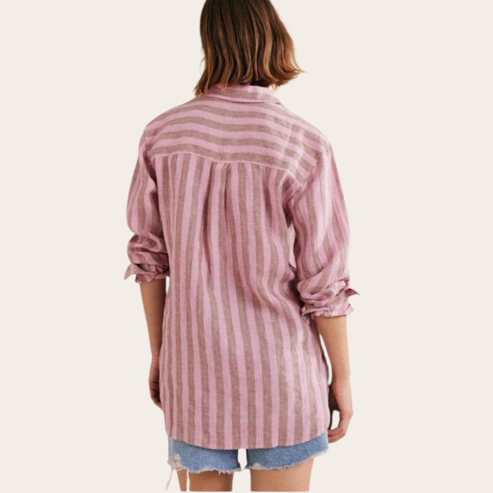 BODEN Linen Blend Relaxed Oversized Formica Pink Sparkle Stripe Shirt 6 Petite - Picture 3 of 11
